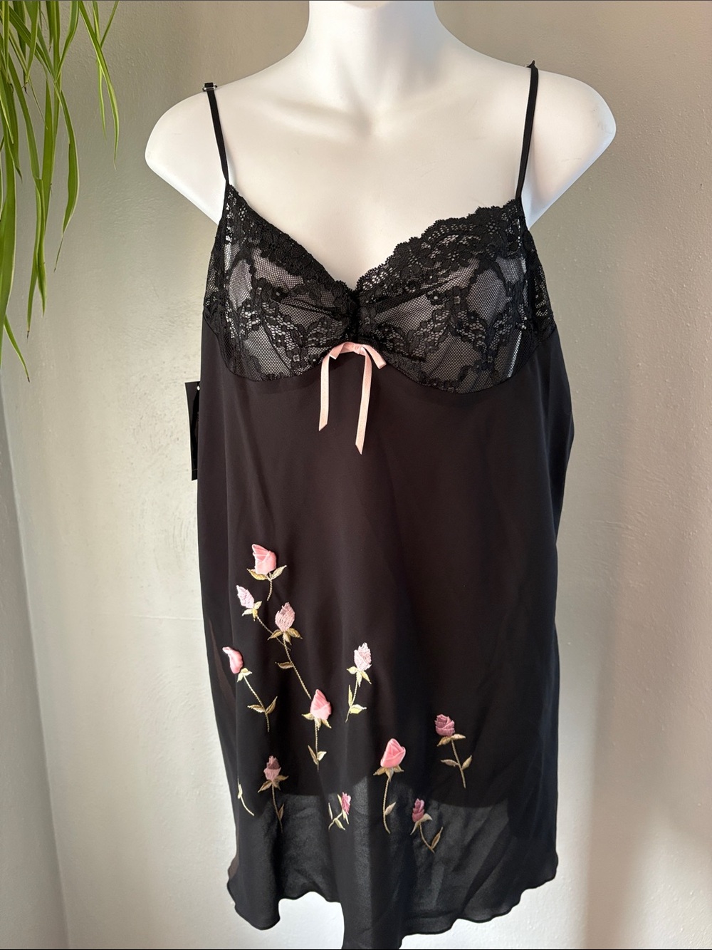Women's Black Lace Slip with Pink Embroidery